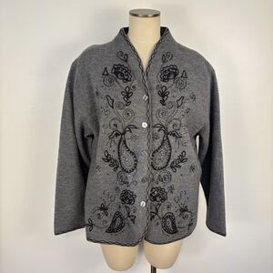 VTG Talbots Womens XL Boiled Merino Wool Bead Cardigan Sweater Embroidered Grey